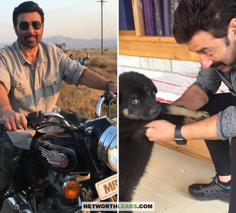 Sunny Deol riding a motorbike and Sunny Deol with his dog